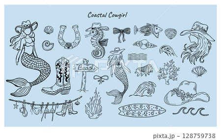 Coastal cowgirl vector illustration line art featuring nautical elements, cowboy hat, boots, horseshoe and western themes in a creative hand-drawn style Coastal cowgirl vector illustration line art featuring nautical elements, cowboy hat, boots, horseshoe and western themes in a creative hand-drawn style 128759738