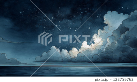 夜空と海の水彩イラスト 128759762