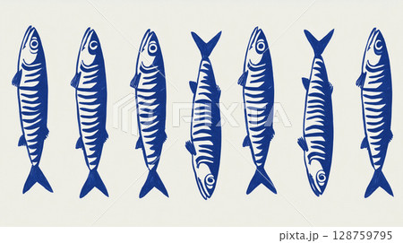Artistic depiction of blue striped fish arranged in a row against a light background, showcasing a nautical theme. Nautical poster. 128759795