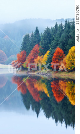 Colorful autumn trees reflecting in calm lake waters surrounded by rolling hills in a tranquil setting during a misty morning 128759796