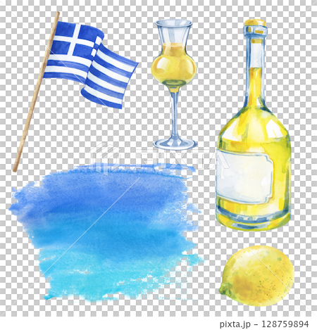 A mini-set in blue and yellow dedicated to Greece. Watercolor illustration. The Greek flag, the national drink made from lemons, a watercolor blur- stylization of the sea and sky. Clipart. Travel. A mini-set in blue and yellow dedicated to Greece. Watercolor illustration. The Greek flag, the national drink made from lemons, a watercolor blur- stylization of the sea and sky. Clipart. Travel. 128759894