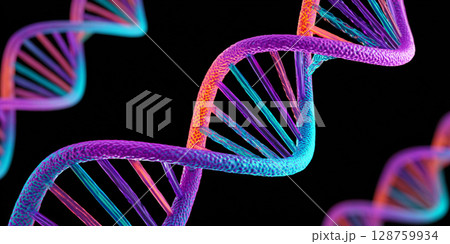Detailed DNA double helix model showcasing gradient blue and purple colors. The concept of evolution and activation of new human DNA helices. 128759934
