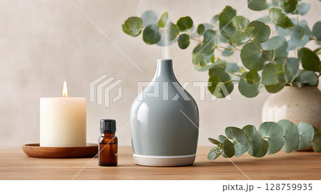 A grey essential oil diffuser sits on a wooden table, releasing fragrant mist into the air 128759935