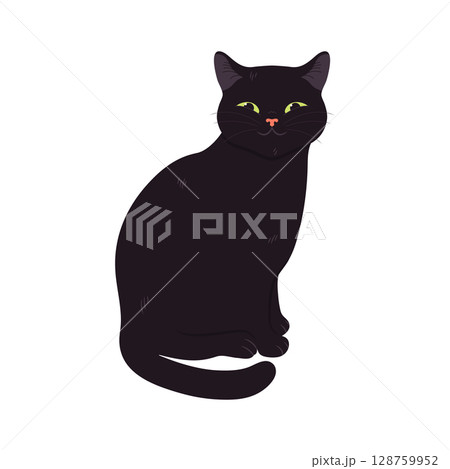 Cute cartoon black cat is sitting and smiling. Cute feline. Vector illustration Cute cartoon black cat is sitting and smiling. Cute feline. Vector illustration 128759952