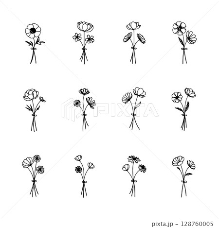 Hand-Drawn Floral Bouquets. This illustration shows a variety of minimal floral bouquets with thin linework and botanical elegance in a clean sketch style. Hand-Drawn Floral Bouquets. This illustration shows a variety of minimal floral bouquets with thin linework and botanical elegance in a clean sketch style. 128760005