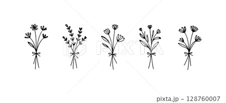 Romantic Flower Bouquet. This illustration presents a romantic floral bouquet in a soft hand-drawn style with elegant linework and graceful petal shapes. 128760007