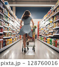 Woman Shopping in Supermarket Aisle with Grocery Cart 128760016
