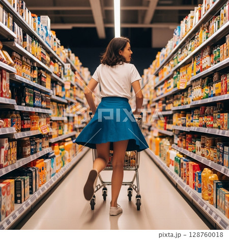 Woman Shopping in Supermarket Aisle with Grocery Cart 128760018
