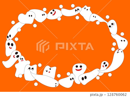 白おばけたち円形フレームオレンジ背景・かわいいおばけたち 128760062