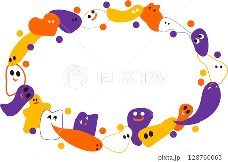 おばけたちの円形フレーム白背景・かわいい、カラフルおばけたち・ハロウィン配色 128760063