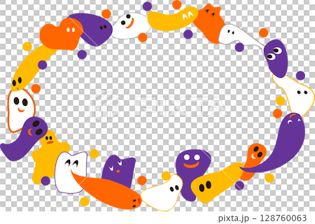 おばけたちの円形フレーム白背景・かわいい、カラフルおばけたち・ハロウィン配色 128760063