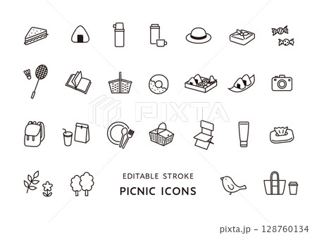 ピクニックにまつわるアイコンセット（モノクロ） 128760134