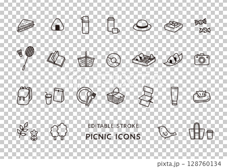 ピクニックにまつわるアイコンセット（モノクロ） 128760134