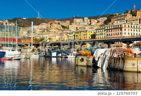 Old port of Genova and boats from sea view in Italy Old port of Genova and boats from sea view in Italy 128760703
