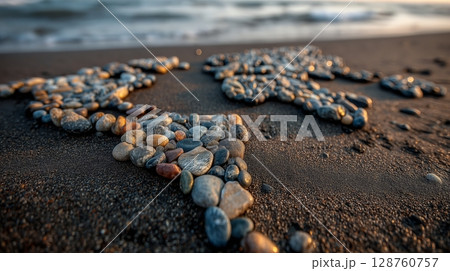 A world map composed of small polished pebbles and stones, arranged on sand at a beach.  128760757