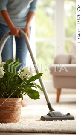 A woman vacuuming the floor in living room, modern furniture with bright rug and plants. 128760758