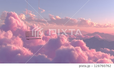 A simple wooden swing hanging from a fluffy, pastel-colored cloud. 128760762