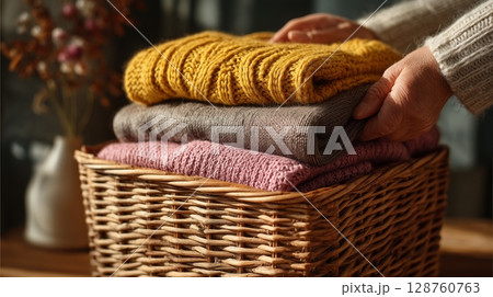 Woman's hand placing yellow and pink clothes in a wicker basket, modern house mood. 128760763