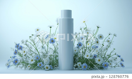 hamomile flowers around a skincare bottle against a pure white backdrop. hamomile flowers around a skincare bottle against a pure white backdrop. 128760776