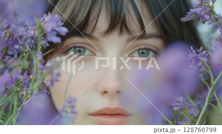 The model's clear face, with gentle flowers on the white background. 128760799