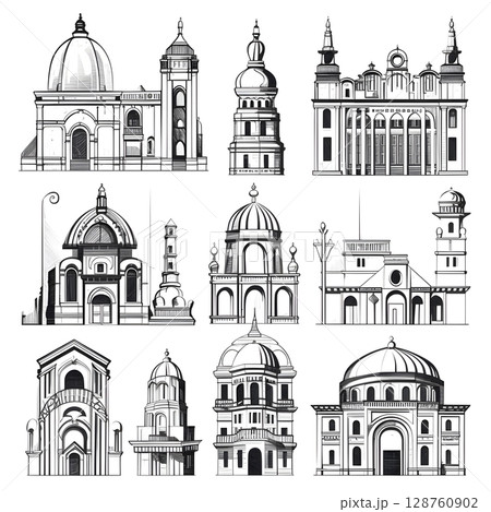 Classic architecture collection with ornate facades and historical styles.	 128760902