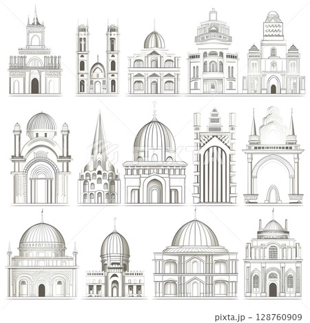 Classic architecture collection with ornate facades and historical styles.	 128760909