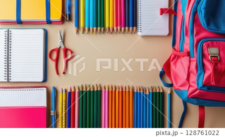 School Supplies Flat Lay on Neutral Background 128761022