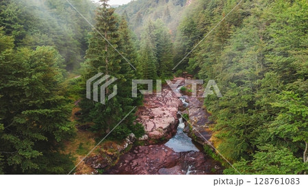 Foggy Drone Landscape River in Mountains Forest 128761083
