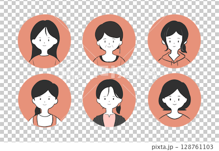 Set of 6 women icons with various hairstyles and casual clothes | Young women, casual clothes, hairstyle, bust up, icon Set of 6 women icons with various hairstyles and casual clothes | Young women, casual clothes, hairstyle, bust up, icon 128761103