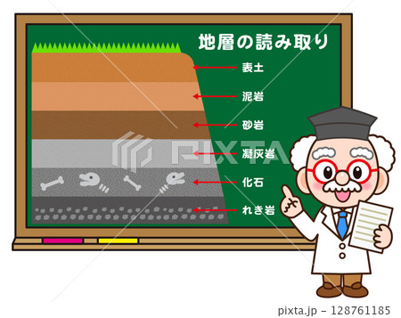 黒板で地層の授業をする博士のイラスト素材 128761185