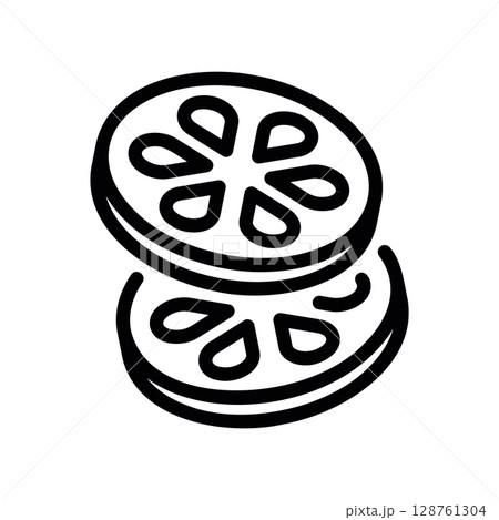 A stack of two round lemon slices shown in a simple line art style A stack of two round lemon slices shown in a simple line art style 128761304