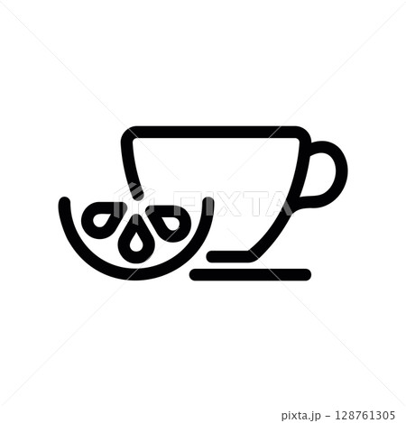 Simple line art icon of a teacup with a lemon slice on the side Simple line art icon of a teacup with a lemon slice on the side 128761305