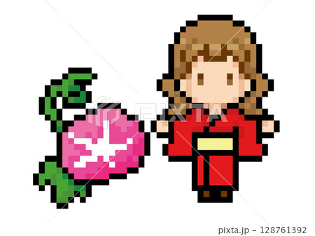 浴衣女性と朝顔のドット絵 128761392