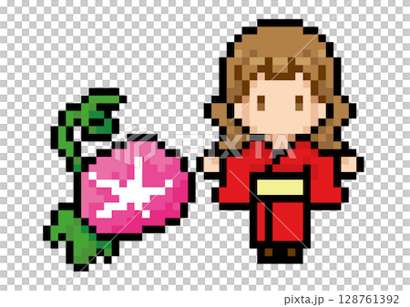 浴衣女性と朝顔のドット絵 128761392
