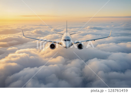 Commercial airplane flying above the clouds at sunset. AI generated. 128761459