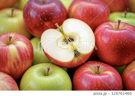 Close-up of fresh red and green apples with one cut in half. AI generated. 128761460