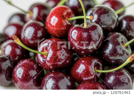 Macro shot of fresh, juicy red cherries with water drops. AI generated. 128761461