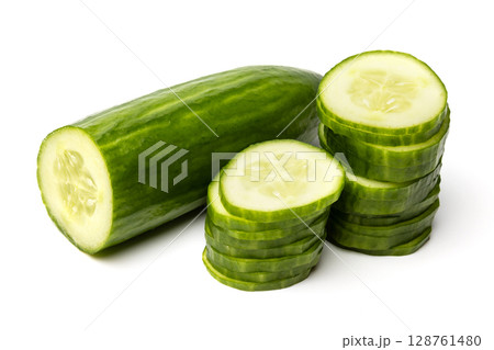 Photo of sliced green ripe natural organic cucumber isolated on white background 128761480