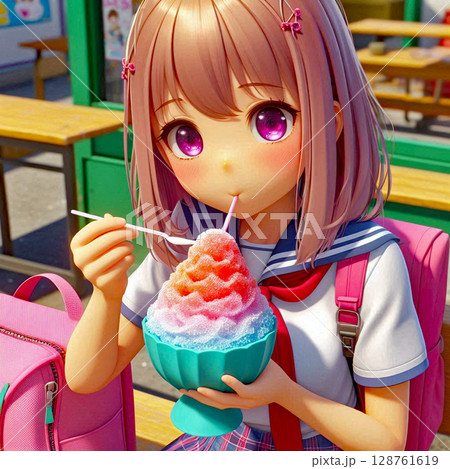 かき氷を食べている女子高生⑤ 128761619