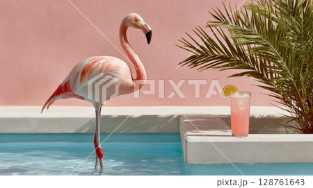 Pink flamingo standing beside refreshing cocktail on poolside with tropical ambiance and vibrant colors 128761643