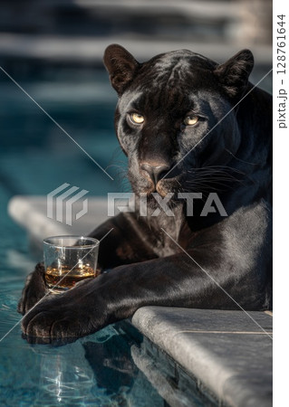Black panther relaxing by the poolside with a glass of whiskey in a luxurious setting 128761644