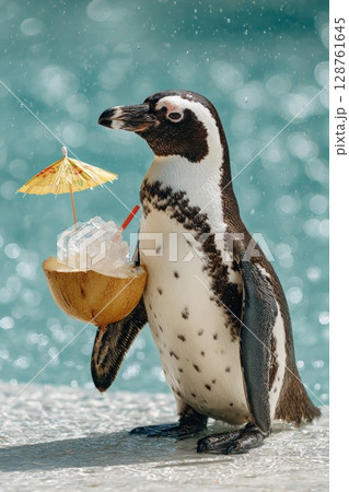 Penguin holding coconut drink with umbrella, enjoying summer vibes by the poolside 128761645