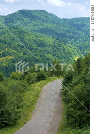 road through mountain landscape in summer. scenic view from above. green nature scenery in dappled light under cloudy sky. beautiful valley with pass winding between forest 128761688