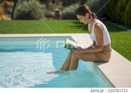 Woman reading a book while sitting on the edge of a swimming pool in a serene outdoor setting 128761713