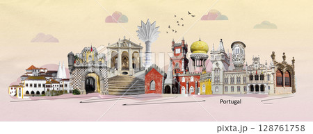 Portugal travel photo collage. Travel places landmarks postcard. Coimbra, Sintra, Porto, 128761758