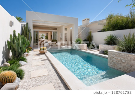 Modern backyard oasis featuring a serene swimming pool and lush desert landscaping elements 128761782