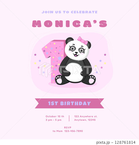 First Birthday Invitation card with panda girl. Birthday invitation for girl 1 year. Cute panda girl. Vector illustration First Birthday Invitation card with panda girl. Birthday invitation for girl 1 year. Cute panda girl. Vector illustration 128761814