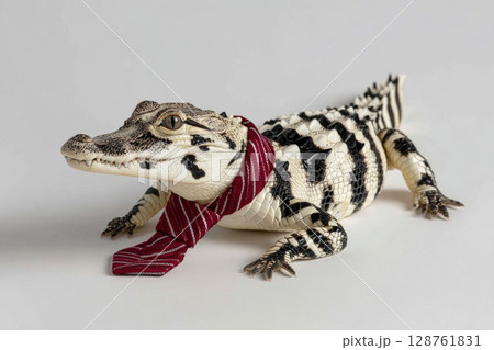 Fashionable crocodile wearing a stylish red tie on a neutral background showcasing unique style 128761831