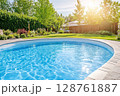 Sparkling swimming pool surrounded by lush greenery and vibrant flowers in a sunny backyard 128761887