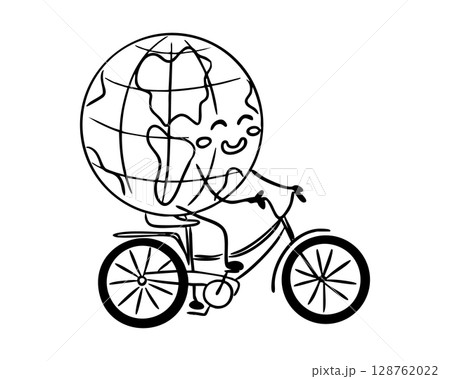 Smiling Earth character riding a bicycle drawn in simple hand sketch style with playful and eco-friendly vibe 128762022